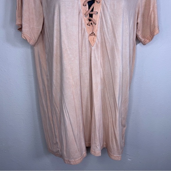 MEDIUM ENTRO ORANGE PASTEL TOP SHORT SLEEVE STRETCH LACE UP NECKLINE BOHO - Picture 2 of 10